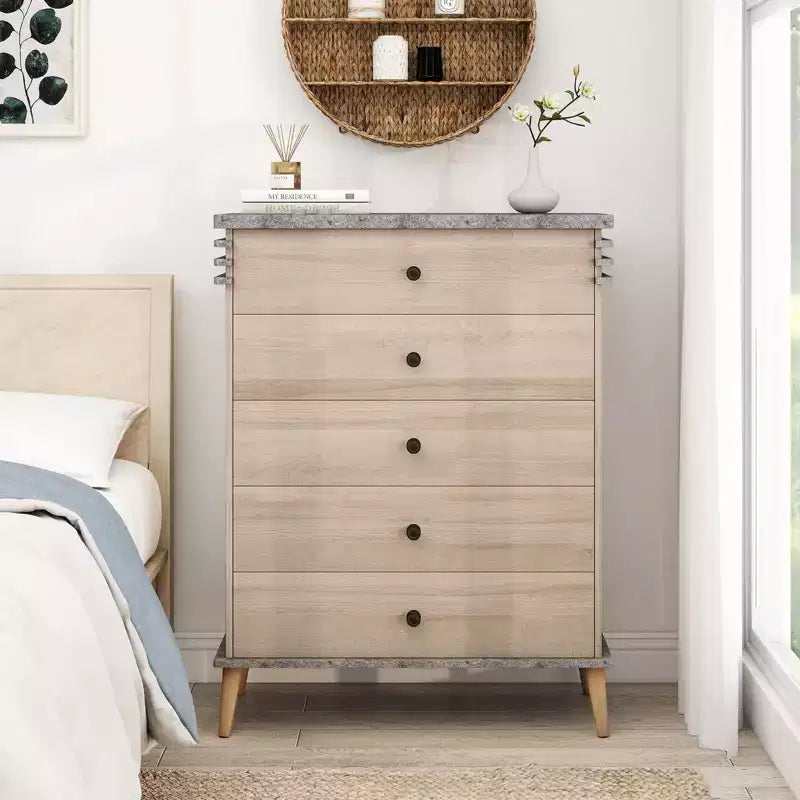 Costway 5-Drawer Dresser Farmhouse Chest of Drawers with Rubber Wood Legs Anti-tipping Kit