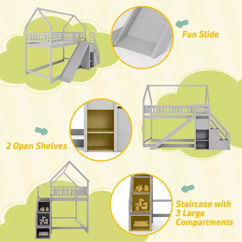 Costway Twin Over Twin Bunk Bed with Slide & Staircase with Storage Compartments White/Gray