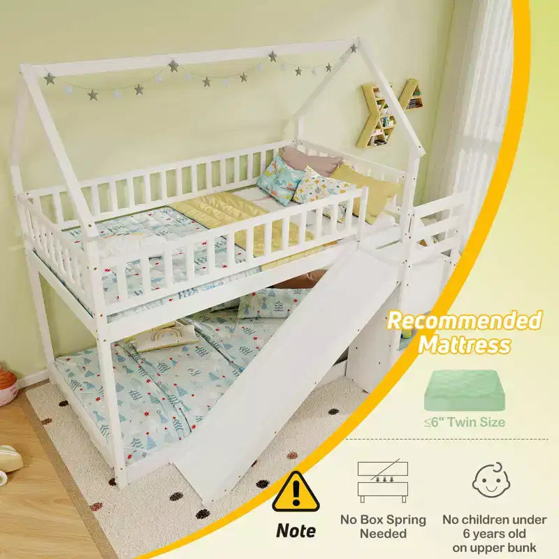 Costway Twin Over Twin Bunk Bed with Slide & Staircase with Storage Compartments White/Gray