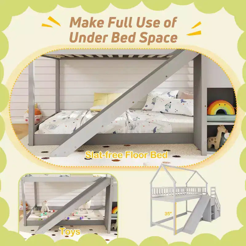Costway Twin Over Twin Bunk Bed with Slide & Staircase with Storage Compartments White/Gray