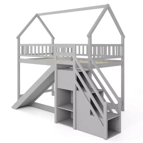 Costway Twin Over Twin Bunk Bed with Slide & Staircase with Storage Compartments White/Gray