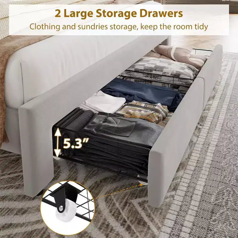 Full Size Bed Frame with 2 Storage Drawers, Wooden Slat Support, Noise Free, No Box Spring Needed, Vintage Velvet Upholstered Bedframe