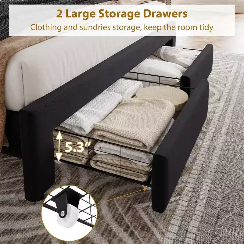 Full Size Bed Frame with 2 Storage Drawers, Wooden Slat Support, Noise Free, No Box Spring Needed, Vintage Velvet Upholstered Bedframe