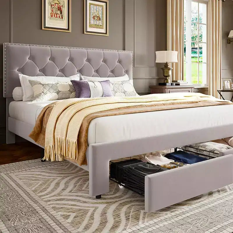 Full Size Bed Frame with 2 Storage Drawers, Wooden Slat Support, Noise Free, No Box Spring Needed, Vintage Velvet Upholstered Bedframe