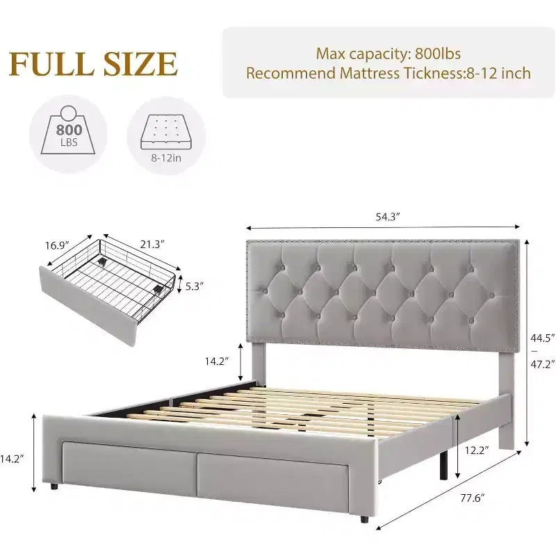 Full Size Bed Frame with 2 Storage Drawers, Wooden Slat Support, Noise Free, No Box Spring Needed, Vintage Velvet Upholstered Bedframe