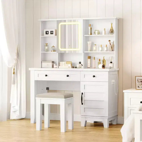 Farmhouse Makeup Vanity Desk with Stool & Lights - 2-Drawer Dressing Table with Mirror & Glass Top for Bedroom