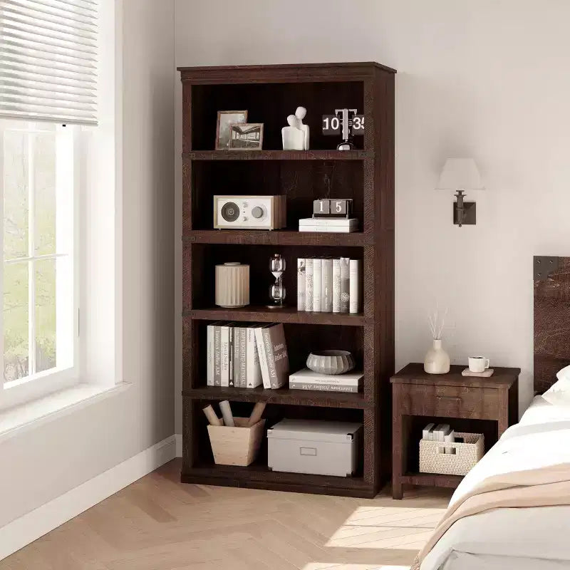5-Tier Farmhouse Bookcase with Open Display Shelves, 67.4 Tall Wooden Storage Bookcase for Home Office, Living Room, Bedroom