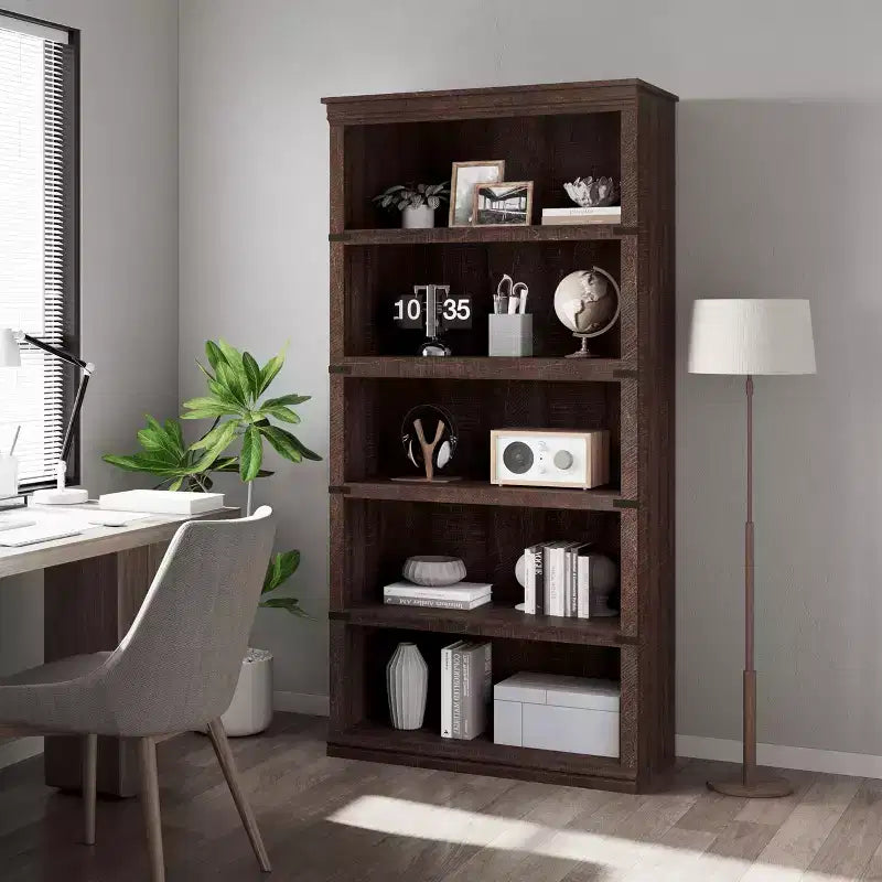 5-Tier Farmhouse Bookcase with Open Display Shelves, 67.4 Tall Wooden Storage Bookcase for Home Office, Living Room, Bedroom