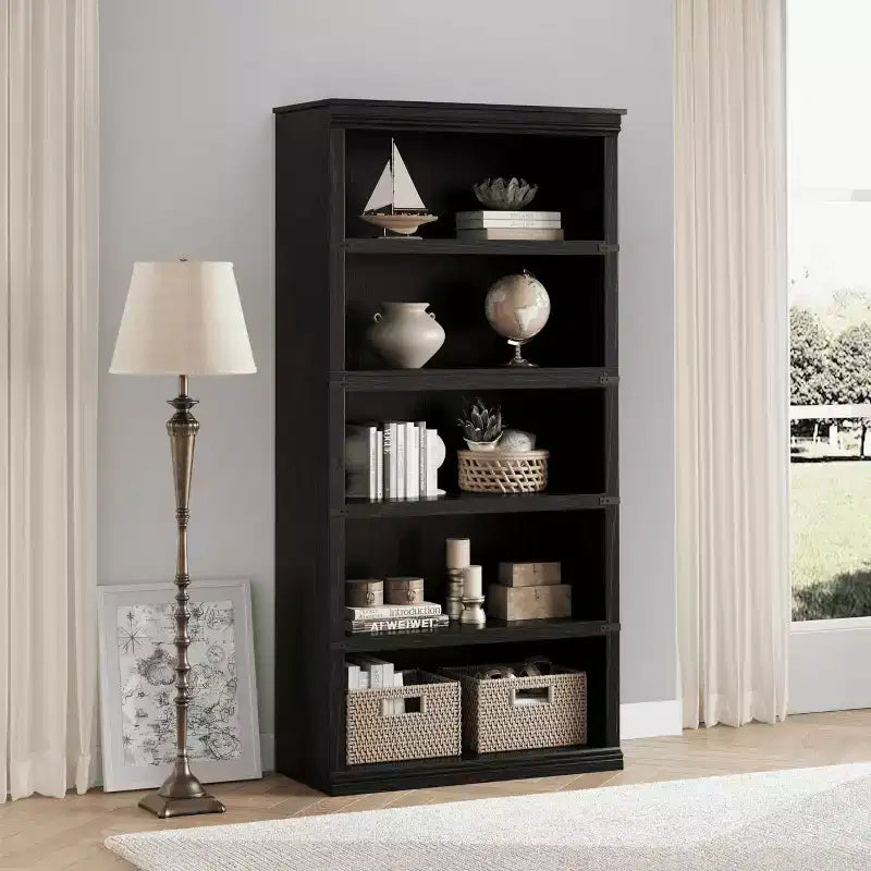 5-Tier Farmhouse Bookcase with Open Display Shelves, 67.4 Tall Wooden Storage Bookcase for Home Office, Living Room, Bedroom