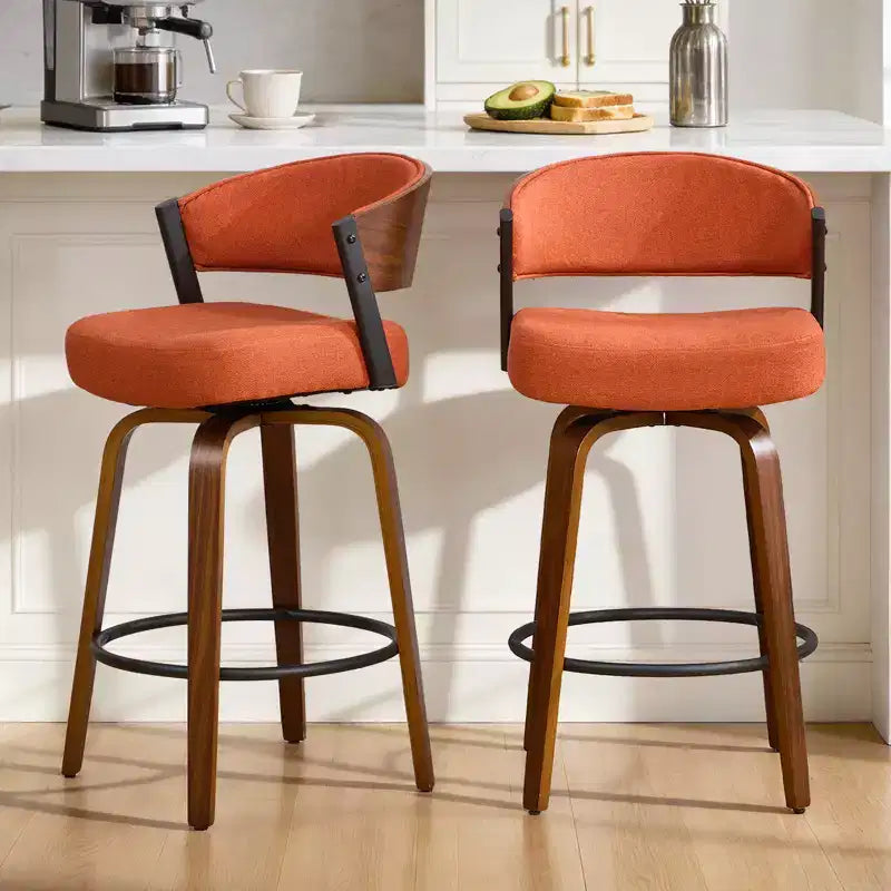 Bekrvio 27 Swivel Counter Height Bar Stools Set of 1/2/3/4, Fabric Upholstered Bar Chairs for Kitchen Island Walnut Wood Barstools with Open Back
