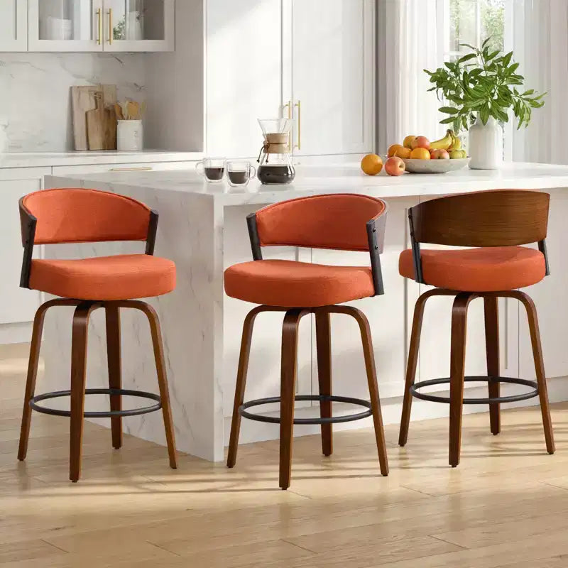 Bekrvio 27 Swivel Counter Height Bar Stools Set of 1/2/3/4, Fabric Upholstered Bar Chairs for Kitchen Island Walnut Wood Barstools with Open Back