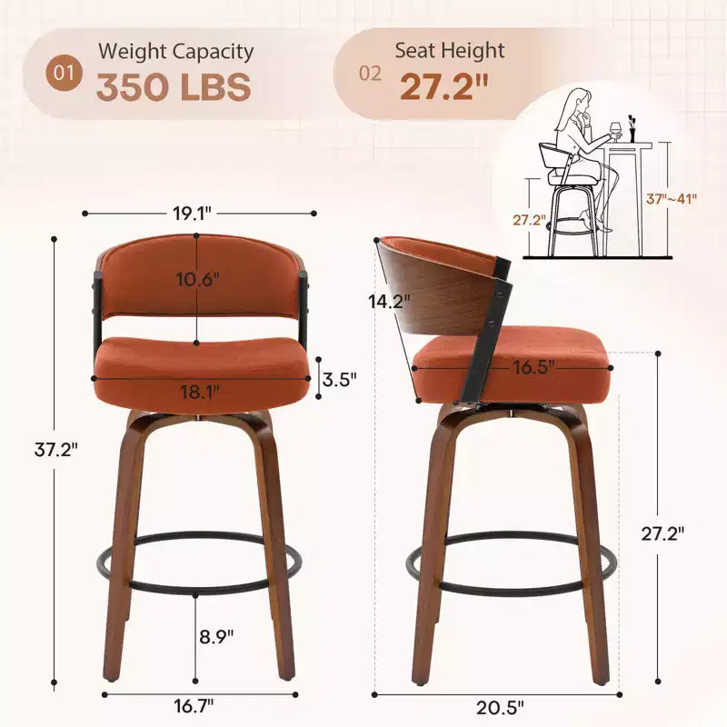 Bekrvio 27 Swivel Counter Height Bar Stools Set of 1/2/3/4, Fabric Upholstered Bar Chairs for Kitchen Island Walnut Wood Barstools with Open Back