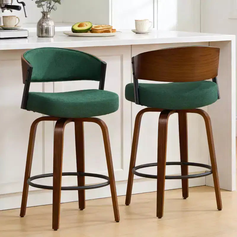 Bekrvio 27 Swivel Counter Height Bar Stools Set of 1/2/3/4, Fabric Upholstered Bar Chairs for Kitchen Island Walnut Wood Barstools with Open Back