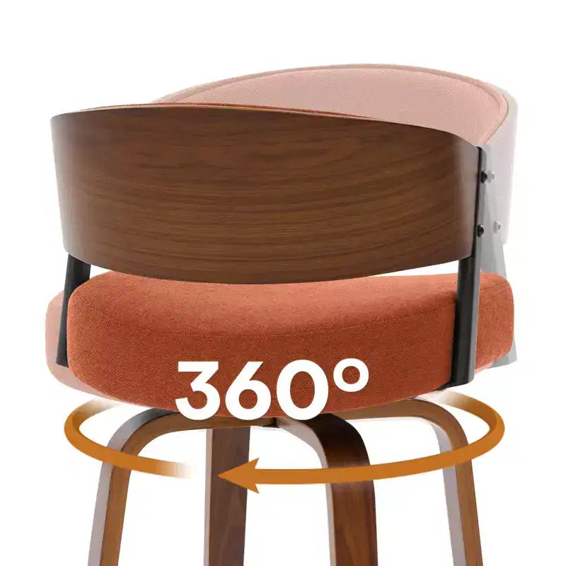Bekrvio 27 Swivel Counter Height Bar Stools Set of 1/2/3/4, Fabric Upholstered Bar Chairs for Kitchen Island Walnut Wood Barstools with Open Back