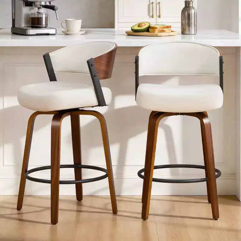 Bekrvio 27 Swivel Counter Height Bar Stools Set of 1/2/3/4, Fabric Upholstered Bar Chairs for Kitchen Island Walnut Wood Barstools with Open Back