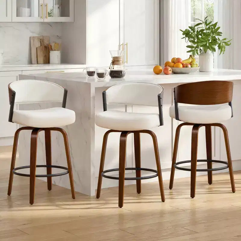 Bekrvio 27 Swivel Counter Height Bar Stools Set of 1/2/3/4, Fabric Upholstered Bar Chairs for Kitchen Island Walnut Wood Barstools with Open Back