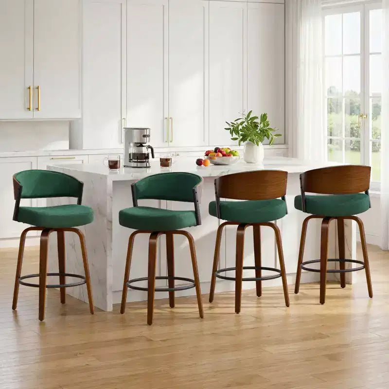 Bekrvio 27 Swivel Counter Height Bar Stools Set of 1/2/3/4, Fabric Upholstered Bar Chairs for Kitchen Island Walnut Wood Barstools with Open Back