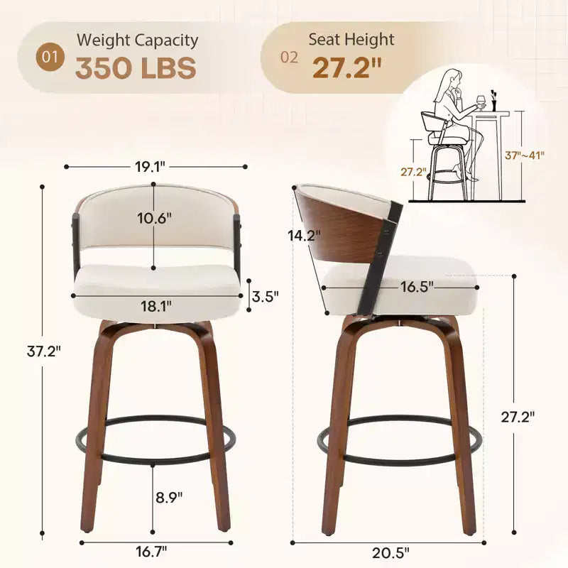 Bekrvio 27 Swivel Counter Height Bar Stools Set of 1/2/3/4, Fabric Upholstered Bar Chairs for Kitchen Island Walnut Wood Barstools with Open Back
