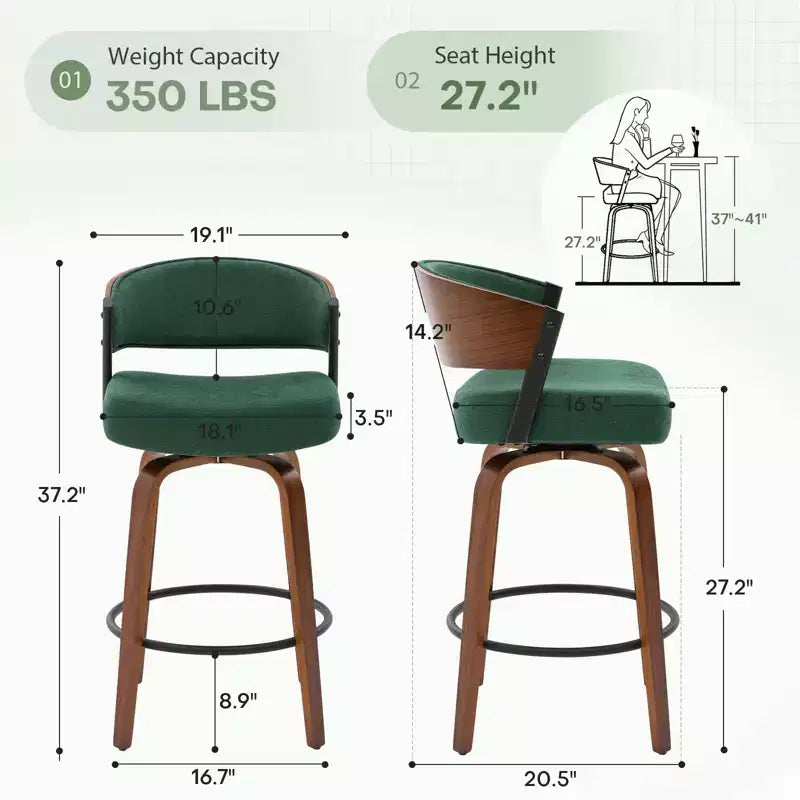 Bekrvio 27 Swivel Counter Height Bar Stools Set of 1/2/3/4, Fabric Upholstered Bar Chairs for Kitchen Island Walnut Wood Barstools with Open Back
