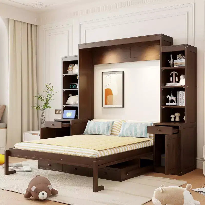 Queen Size Murphy Bed Space-Saving Wall Bed with Desk, Storage Cabinet & Bookshelf - ModernLuxe