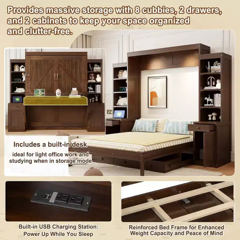 Queen Size Murphy Bed Space-Saving Wall Bed with Desk, Storage Cabinet & Bookshelf - ModernLuxe