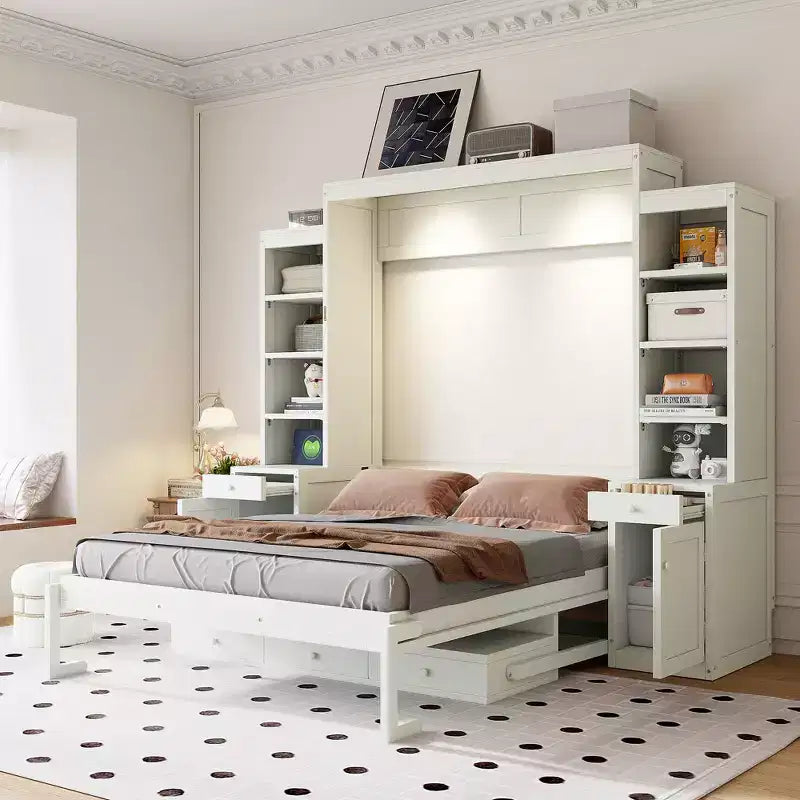 Queen Size Murphy Bed Space-Saving Wall Bed with Desk, Storage Cabinet & Bookshelf - ModernLuxe