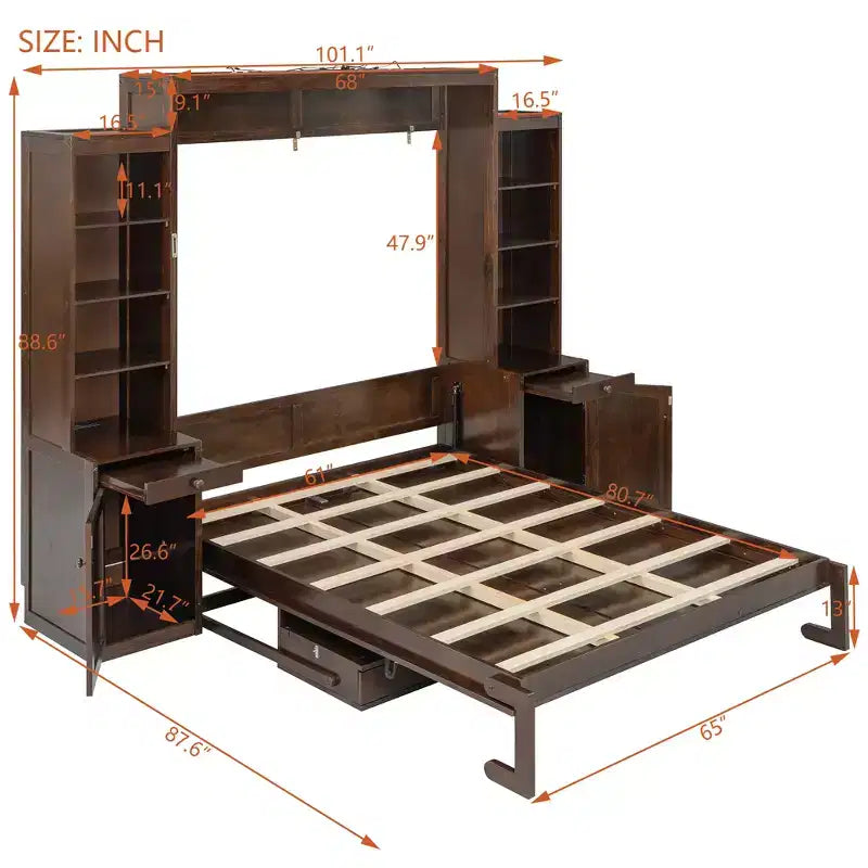 Queen Size Murphy Bed Space-Saving Wall Bed with Desk, Storage Cabinet & Bookshelf - ModernLuxe