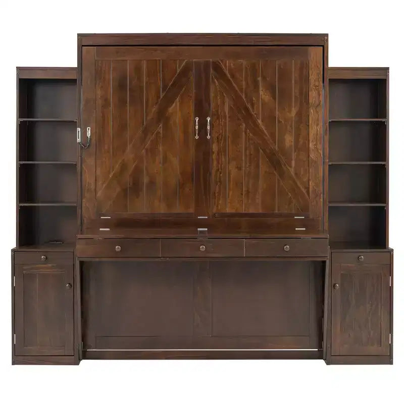 Queen Size Murphy Bed Space-Saving Wall Bed with Desk, Storage Cabinet & Bookshelf - ModernLuxe