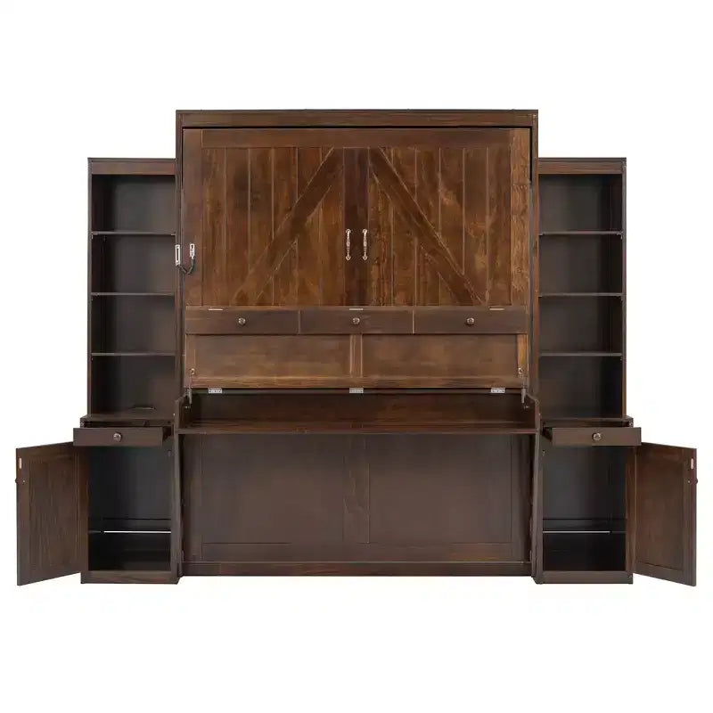 Queen Size Murphy Bed Space-Saving Wall Bed with Desk, Storage Cabinet & Bookshelf - ModernLuxe