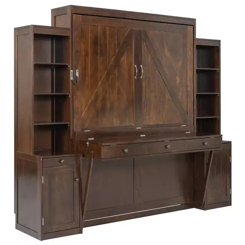 Queen Size Murphy Bed Space-Saving Wall Bed with Desk, Storage Cabinet & Bookshelf - ModernLuxe
