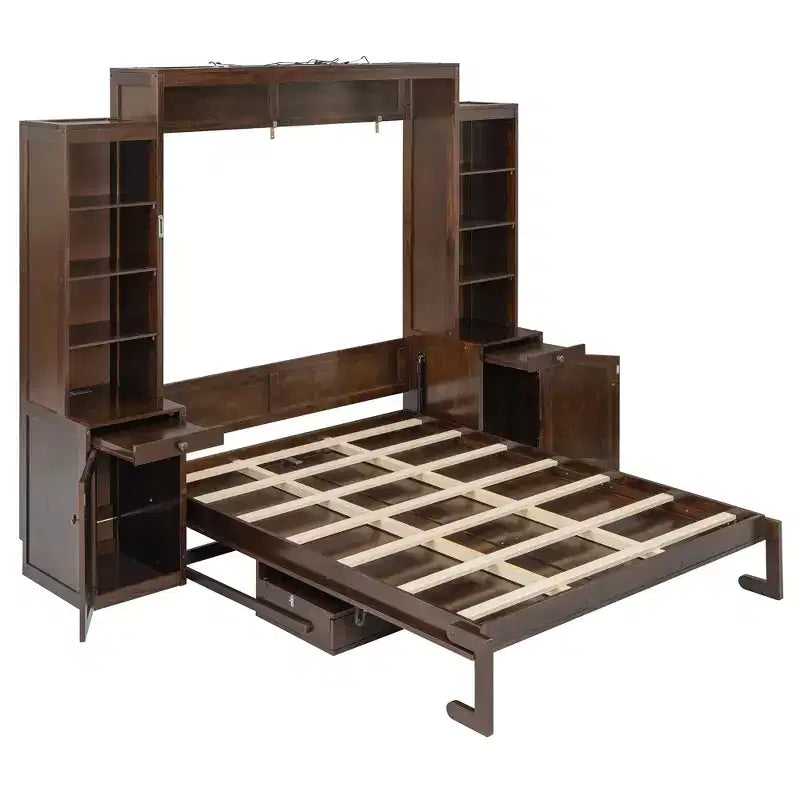 Queen Size Murphy Bed Space-Saving Wall Bed with Desk, Storage Cabinet & Bookshelf - ModernLuxe
