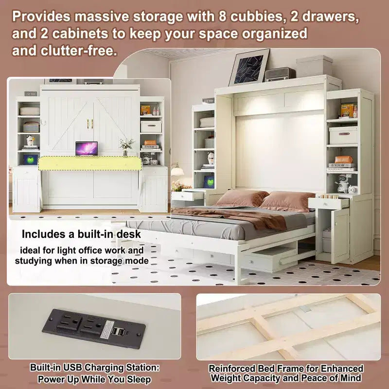 Queen Size Murphy Bed Space-Saving Wall Bed with Desk, Storage Cabinet & Bookshelf - ModernLuxe