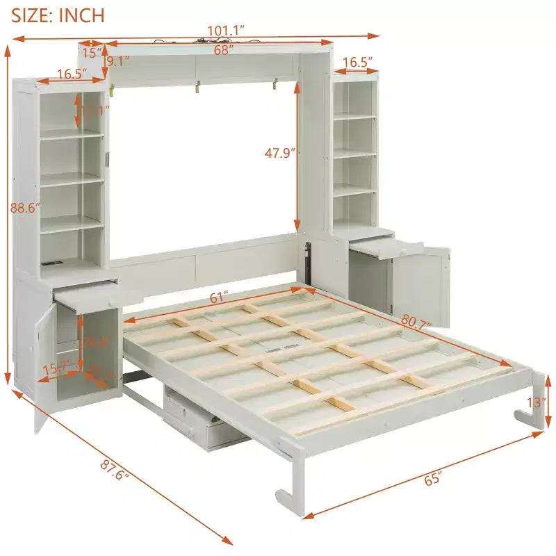 Queen Size Murphy Bed Space-Saving Wall Bed with Desk, Storage Cabinet & Bookshelf - ModernLuxe