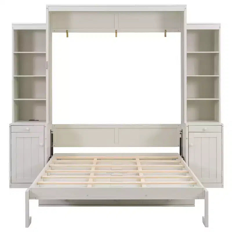 Queen Size Murphy Bed Space-Saving Wall Bed with Desk, Storage Cabinet & Bookshelf - ModernLuxe