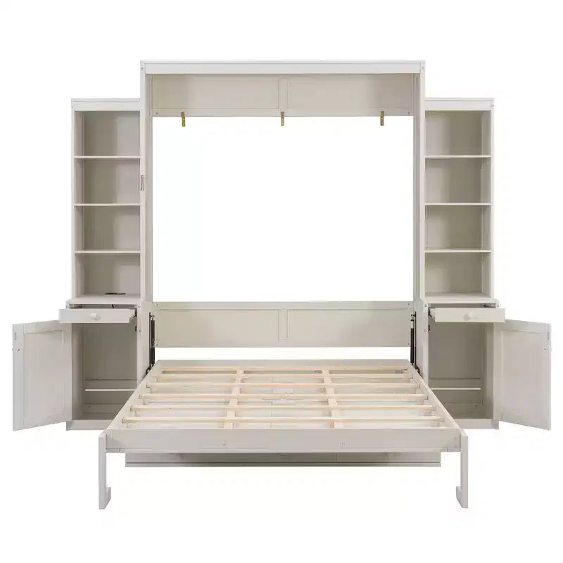 Queen Size Murphy Bed Space-Saving Wall Bed with Desk, Storage Cabinet & Bookshelf - ModernLuxe