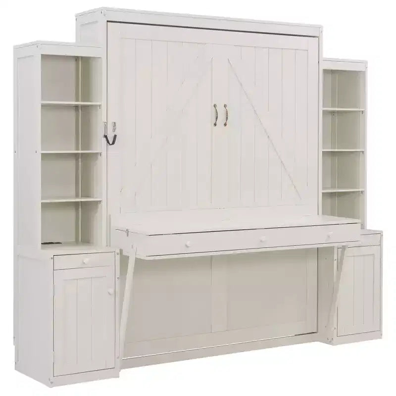 Queen Size Murphy Bed Space-Saving Wall Bed with Desk, Storage Cabinet & Bookshelf - ModernLuxe