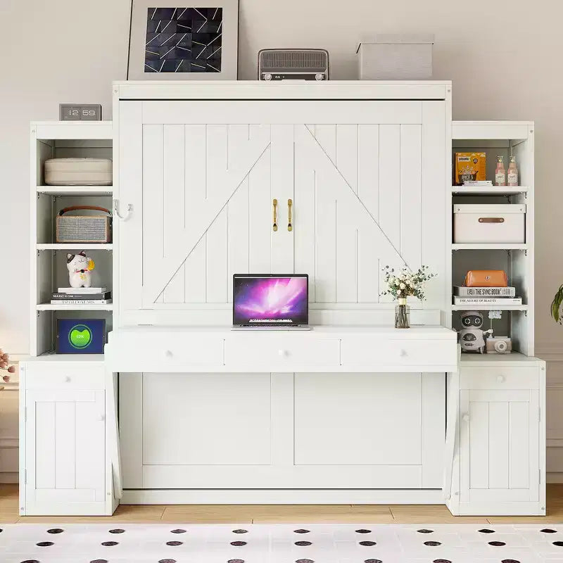Queen Size Murphy Bed Space-Saving Wall Bed with Desk, Storage Cabinet & Bookshelf - ModernLuxe