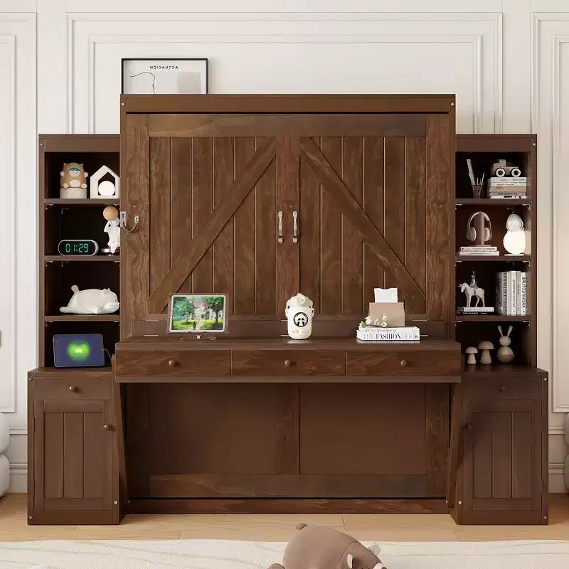 Queen Size Murphy Bed Space-Saving Wall Bed with Desk, Storage Cabinet & Bookshelf - ModernLuxe